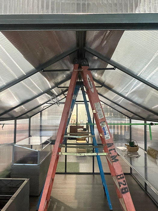 Interior view of the Hoklartherm Nelke Pro 4 Greenhouse, highlighting a turnbuckle used for roof reinforcement, ensuring added structural stability.