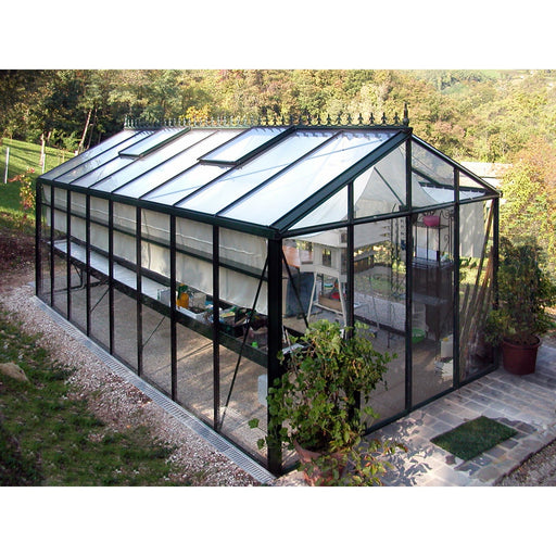 Elegant Royal Victorian VI36 greenhouse with a sturdy black frame and clear glass panels, set in a serene garden.
