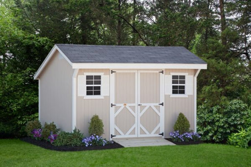 Elegant Classic Saltbox Shed by Little Cottage Company with beige siding and contrasting white trim, set amidst a beautifully landscaped garden.