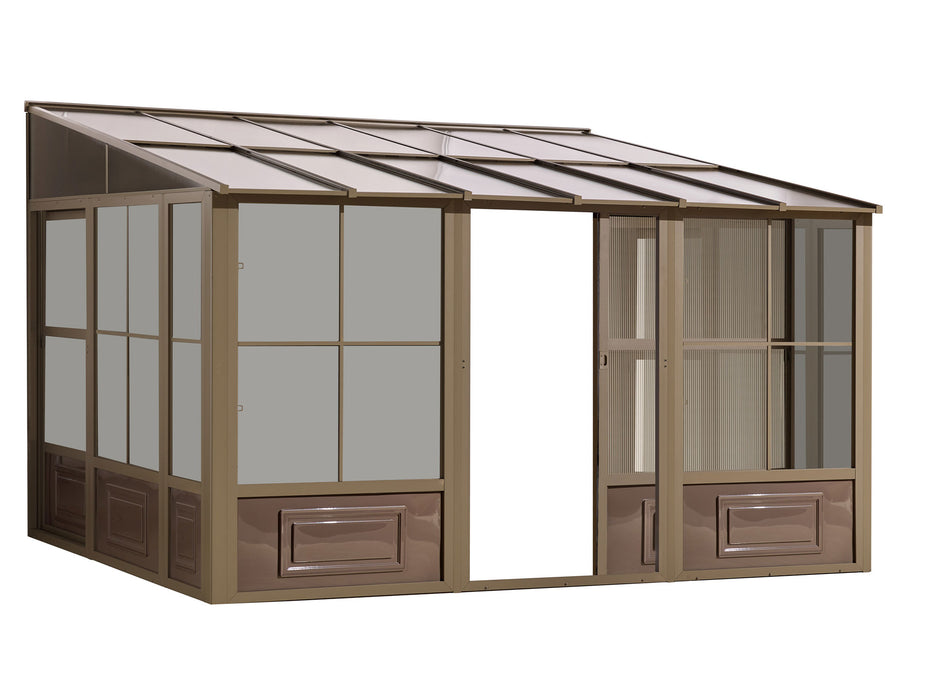 Full view of the 10x12 Wall mounted Solarium gazebo with sand Polycarbonated roof, displaying the entire structure set against a plain background.