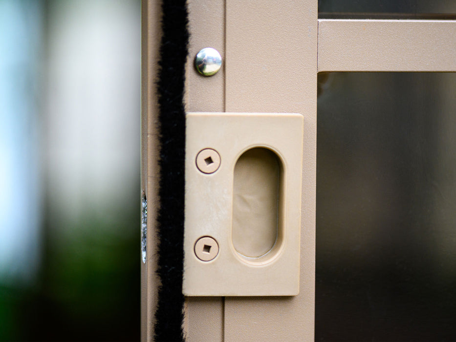 Close-up image of the door handle on the 8x12 Gazebo Florence Solarium, illustrating the ease of access and simplicity of the design.