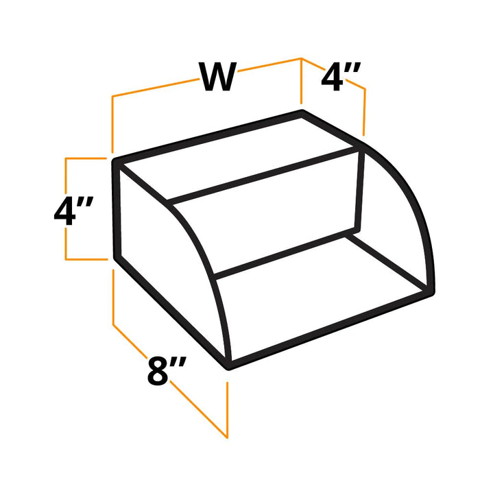 Dimensional drawing of the 8-inch Radius scupper by Outdoor Plus, showing width, height, and depth for installation purposes