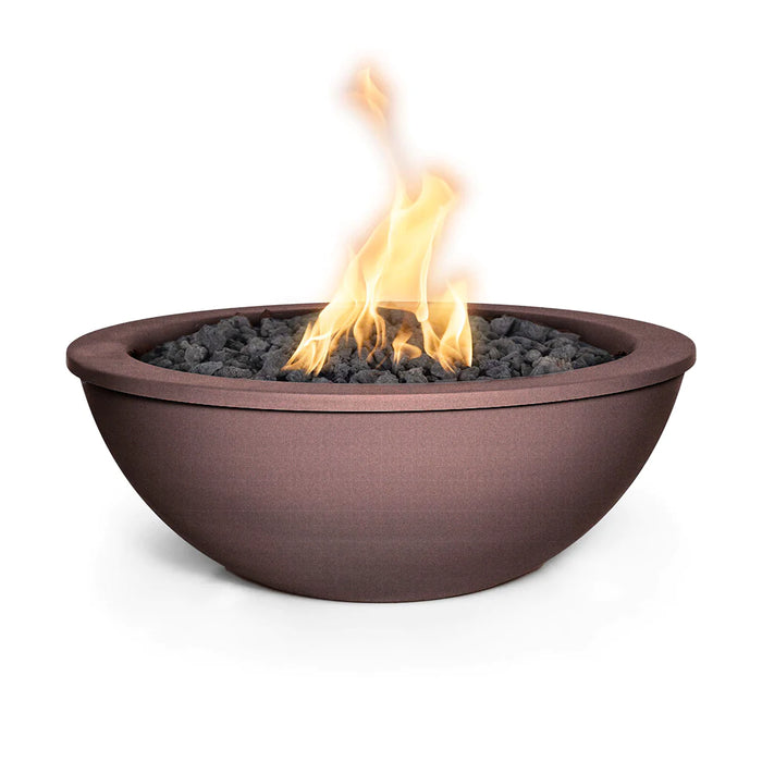 Lit Java 27" Round Sedona Fire Bowl Powder Coated Metal in white background