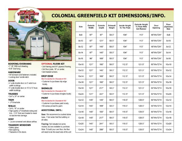 Detailed dimensions and information chart for the Little Cottage Company's Colonial Greenfield Shed.