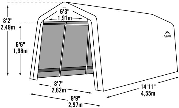Black and white drawing of ShelterLogic AutoShelter 10x15 portable car shelter with dimensions