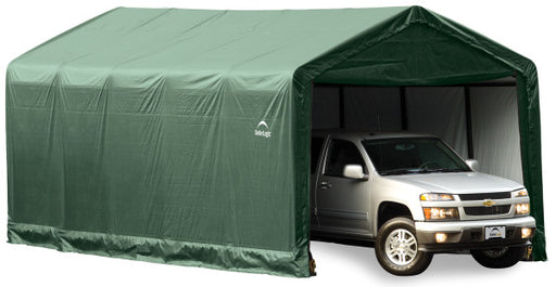 ShelterLogic ShelterTube 12 x 25 ft. Garage Green with large white pickup truck parked inside