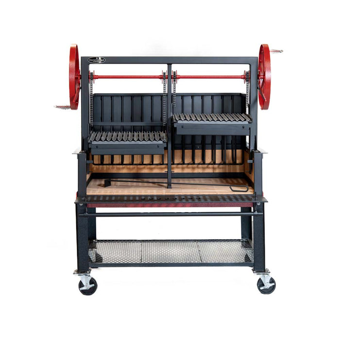 Side view of the Sunterra Outdoor Argentine Rear Brasero 48in with cart and split grate, highlighting the structure, red wheel, and grilling surface.