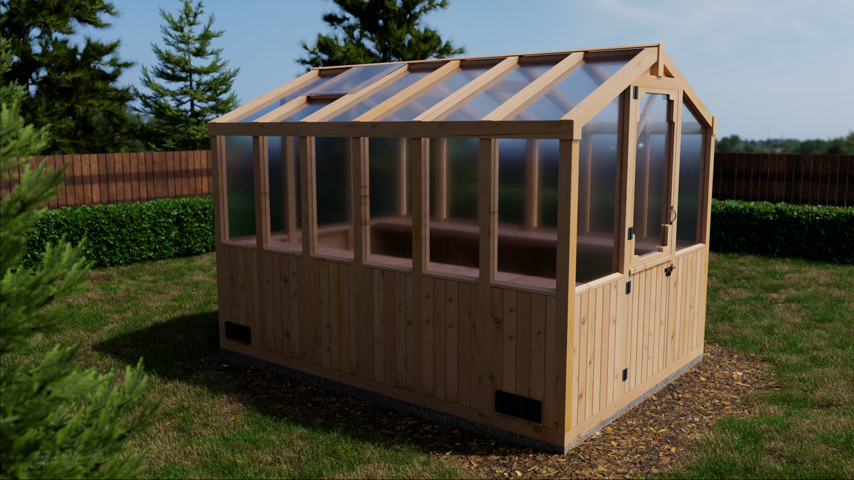 side view of the outdoor living today 8x12 cedar greenhouse rendered version