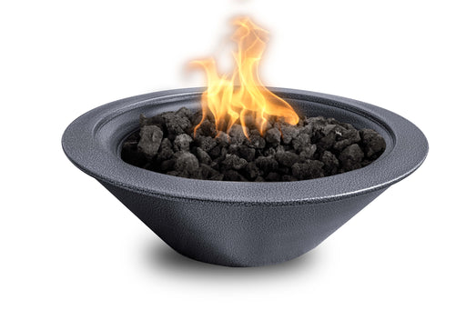 Ignited Round Cazo fire bowl by The Outdoor Plus, showcasing a silver vain powder-coated metal finish and a comforting flame