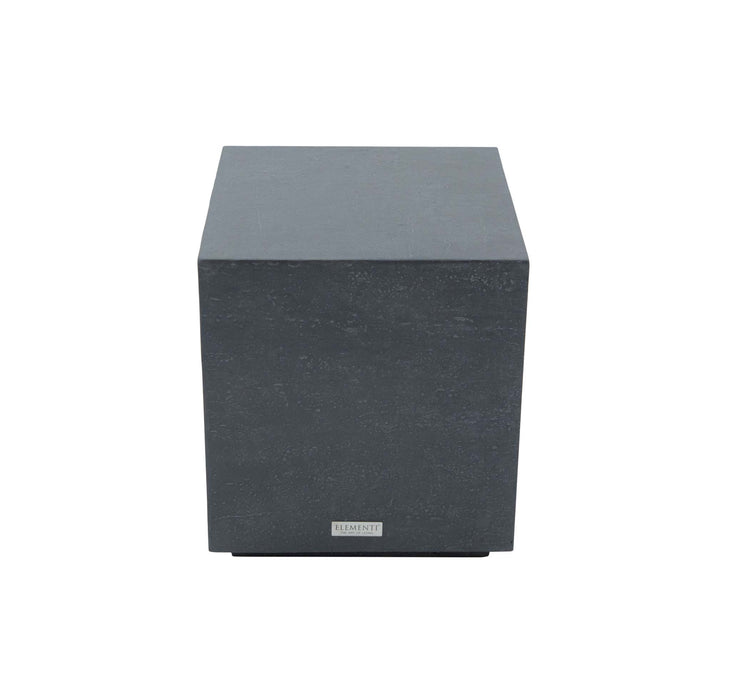 Front view of the Elementi Tevere Series Side Table in Slate Black, showcasing its solid and simple cube design.