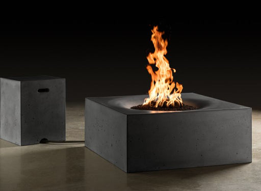 Slick Rock Concrete 36" Square Horizon Fire Table with fire in studio