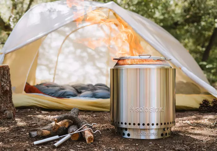 Solo Stove Ranger with Stand 2.0 usend in camping with tent.