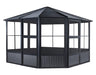 Sojag Charleston Solarium, 12 ft. x 12 ft. model, in black with screened windows and doors. Shown on a white background.