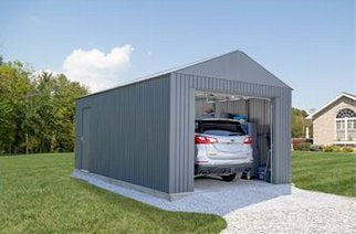 Sojag Everest Snow/Wind Rated Garage 12 x 30 ft. in Charcoal with an SUV parked inside on a cement foundation