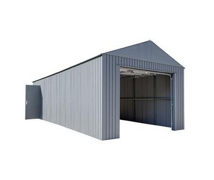 Sojag Everest Snow/Wind Rated Garage 12 x 30 ft. in Charcoal with both doors opened on a white background