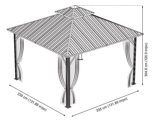 Detailed drawing of Sojag Genova Gazebo 12 x 12 ft with curtains, showcasing dimensions.