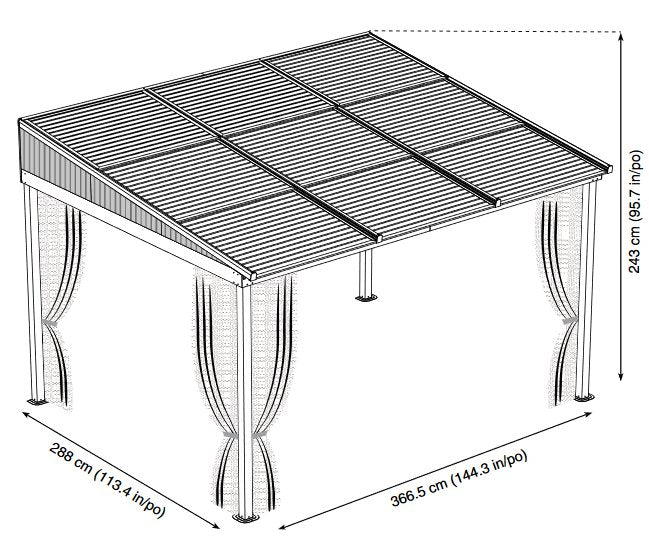 Dimensioned Technical Drawing of the Sojag Francfort Wall-Mounted Gazebo with Measurements in Centimeters and Inches