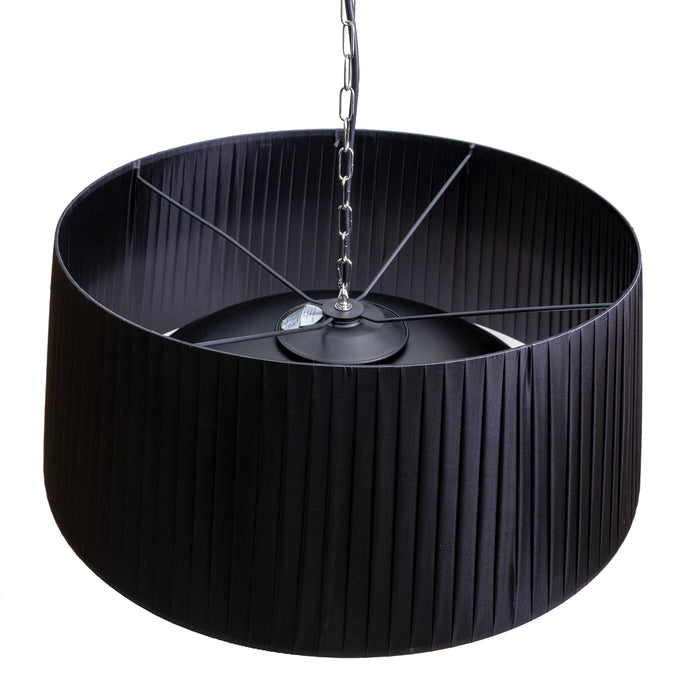 The Black Sol Pendant Electric Heater displayed in full view, offering a stylish and functional addition to the contemporary outdoor setting