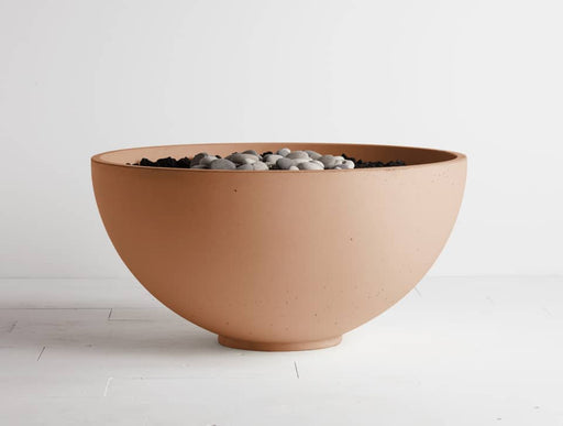 Arbutus Solus Hemi Firebowl with concrete finish and adjustable flame, perfect for modern outdoor spaces.