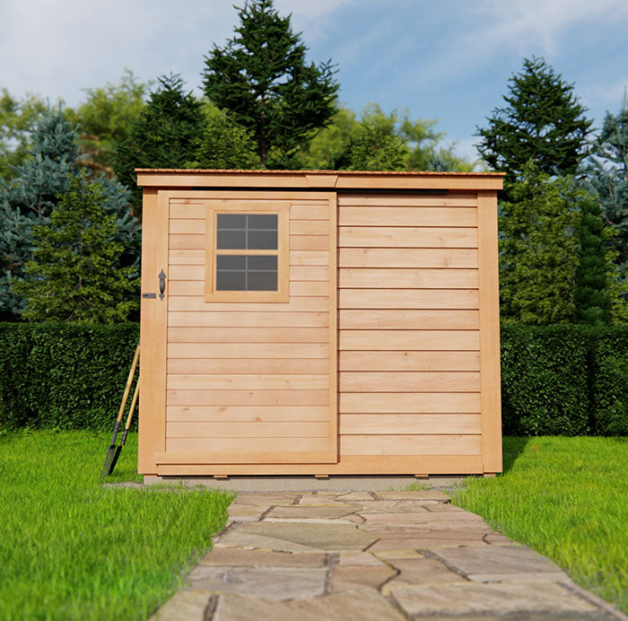SpaceSaver 8x4 shed with sliding door against lush greenery
