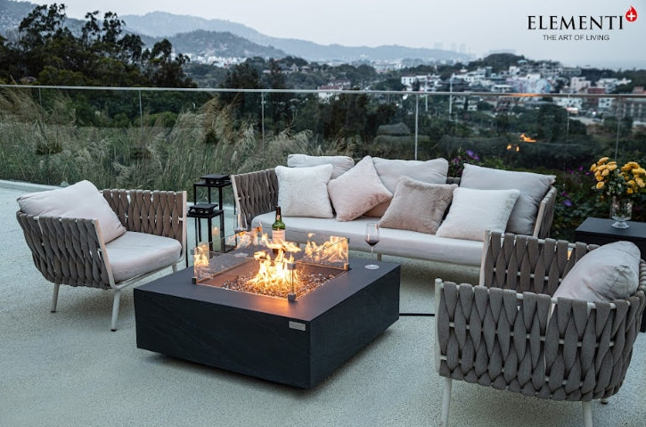Elementi Plus Square Concrete Fire Pit Table with chairs