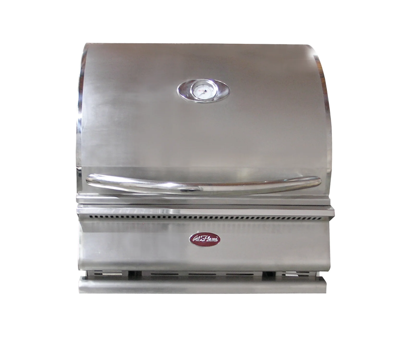 Built in Stainless steel grill with closed lid, front view