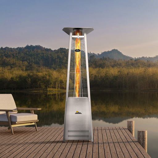 The image shows a stainless steel Vesta Flame Patio Heater situated on a wooden deck
