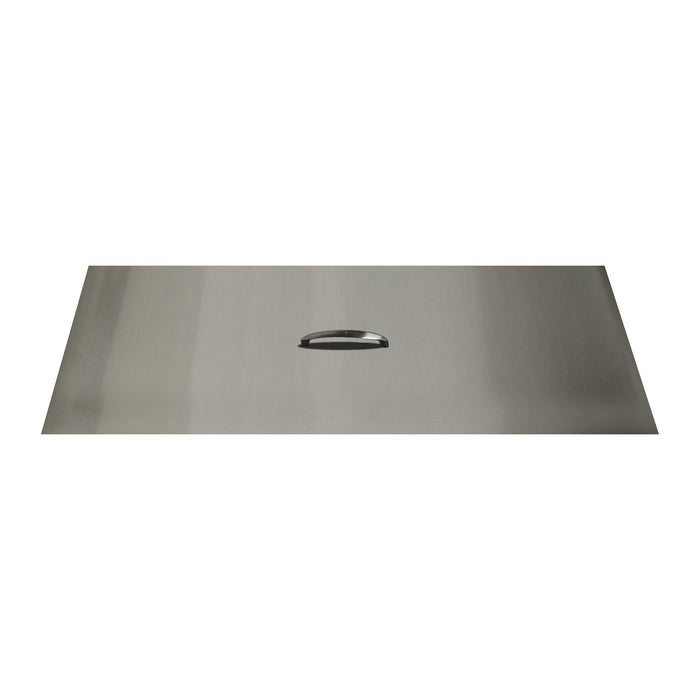Sleek stainless steel cover designed for rectangular fire pits by The Outdoor Plus, in white background