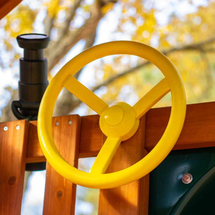 Yellow steering wheel of Outing With Trapeze Bar Swing Set for kids