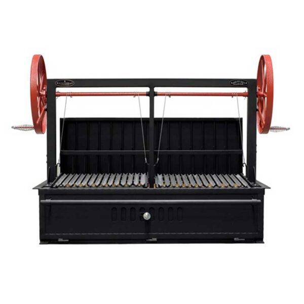 Side view of the Sunterra Outdoor 48in Argentine Rear Brasero Grills, no cart, with split grate, featuring the red wheel and grilling surface.