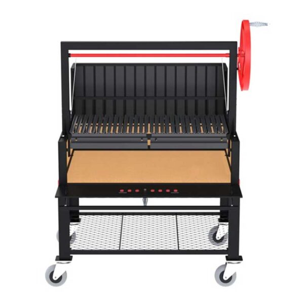Interior view of the Sunterra Outdoor Argentine Rear Brasero Grills 48in with cart, featuring the open storage area and adjustable grilling grates.