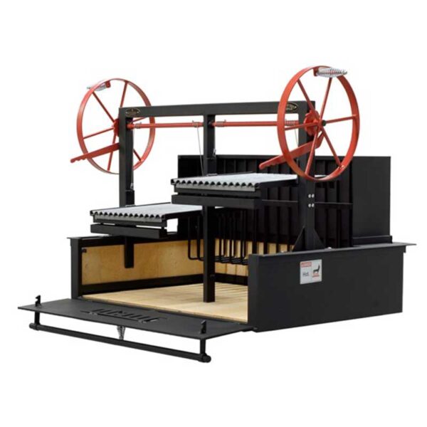 Interior view of the Sunterra Outdoor 48in Argentine Rear Brasero Grills, no cart, with split grate, showing the open storage area and adjustable grill grates.