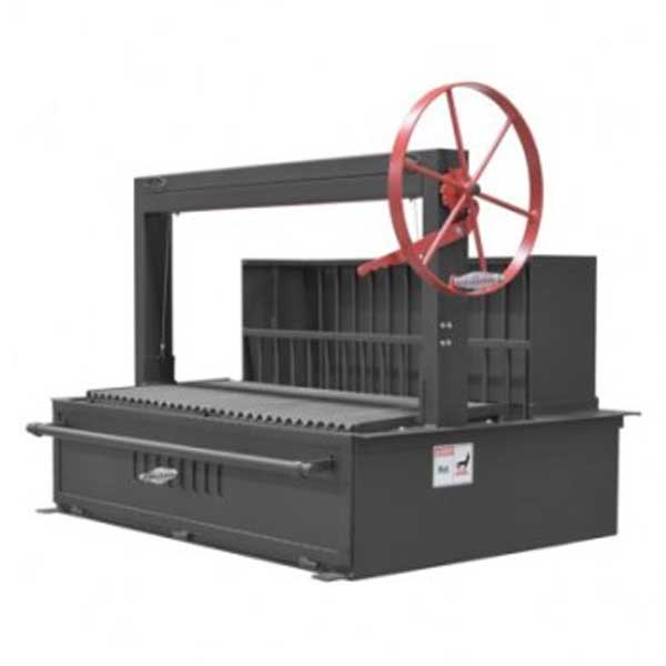 Front view of the Sunterra Outdoor Argentine Brasero Grill showcasing its red wheel, grilling area, and wood storage section.