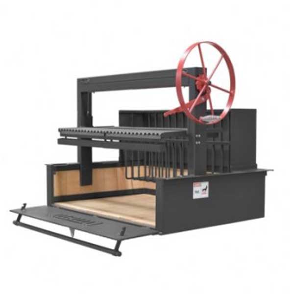 Sunterra Outdoor Argentine Brasero Grill with the interior open, revealing a wood storage area and adjustable grilling grate.