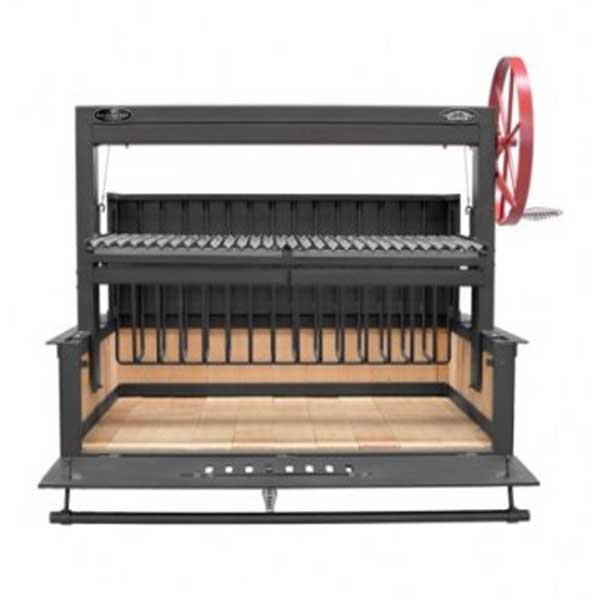 Side view of the Sunterra Outdoor Argentine Brasero Grill, highlighting the structure, wood storage, and the red wheel mechanism.