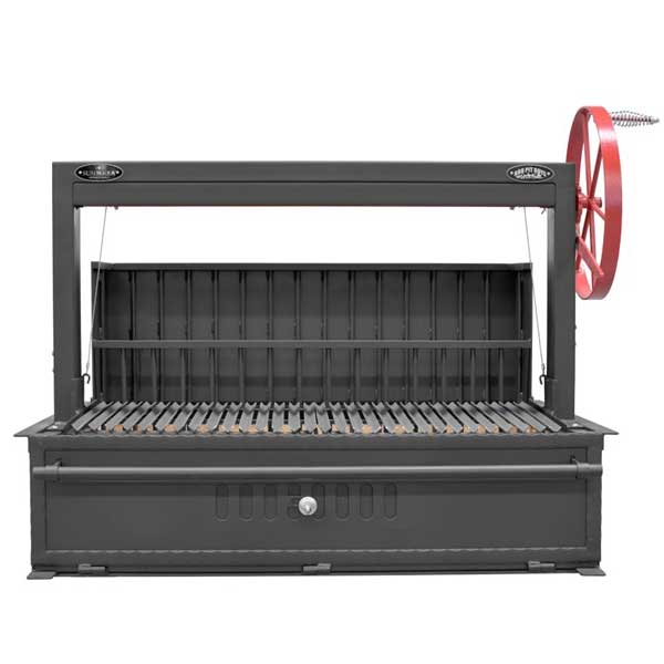 Top view of the Sunterra Outdoor Argentine Brasero Grill showing the grilling surface, wood storage, and red wheel mechanism.
