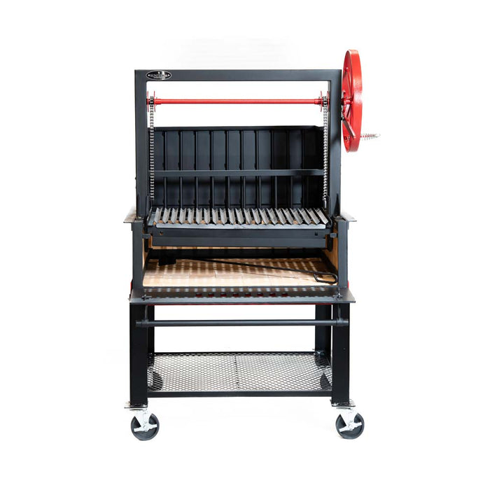Sunterra Outdoor Argentine Brasero Grill 36in with cart, with the interior open to reveal the spacious wood storage area and grilling grate.