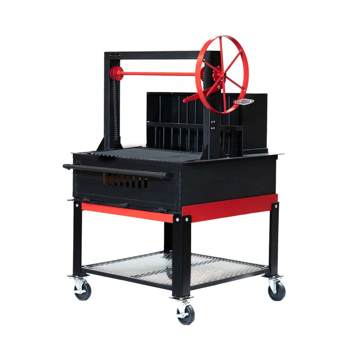 Top view of the Sunterra Outdoor Argentine Brasero Grill 36in with cart, showcasing the grilling surface and adjustable height mechanism.