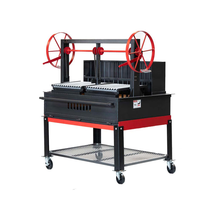  Interior view of the Sunterra Outdoor Argentine Rear Brasero 48in with cart and split grate, with the open storage area revealing adjustable grilling grates.