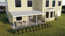 The Four Seasons Outdoor Living Solutions Optima Patio Cover with 4 posts installed against the wall of a house with outdoor furniture set under it