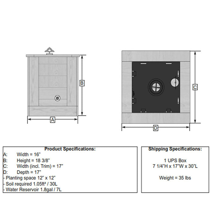 Technical drawing detailing the specifications of the Outdoor Living Today Self Watering Planter 1×1.