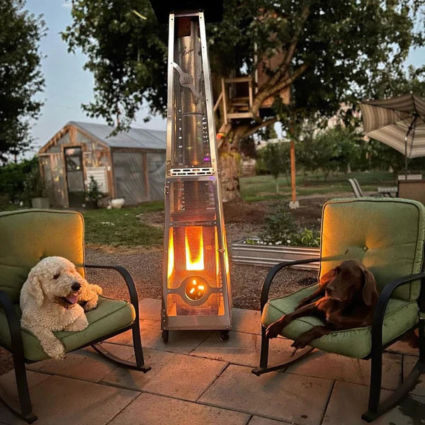 Timber Stoves Lil’ Timber Elite® Patio Heater with chairs and dogs