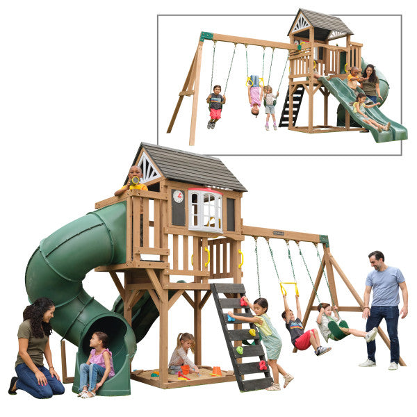KidKraft Timberlake Playset Outdoor Swing Set & Playhouse Combo