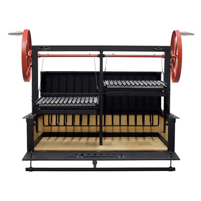 Top view of the Sunterra Outdoor 48in Argentine Rear Brasero Grills, no cart, with split grate, showcasing the grill surface and internal wood storage.