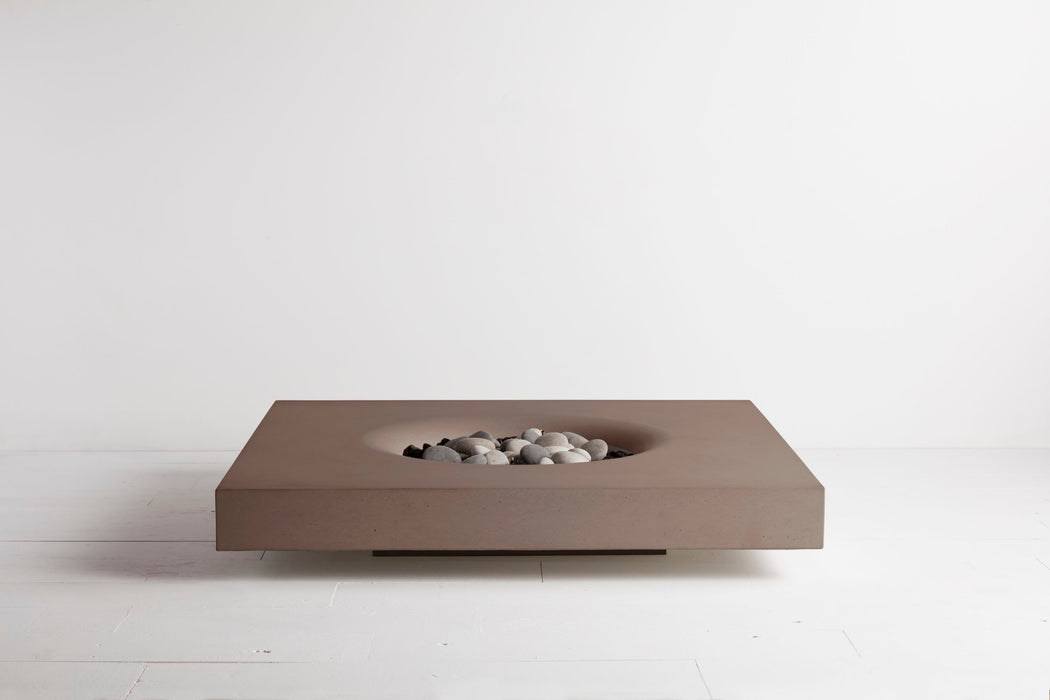 Solus Decor Halo Low Fire Pit in Truffle, featuring a 60K BTU Output and Minimalist Square Design with Pebble Accents
