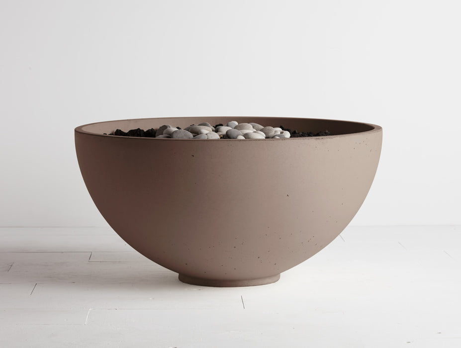 Truffle-toned Solus Decor Hemi firebowl with precise flame control, perfect for upscale outdoor living spaces.