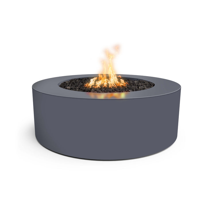 gray Unity Fire Pit Powder Coated Steel, lit in white background