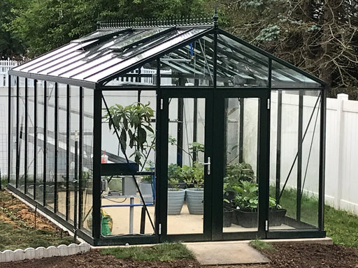 Robust VI 36 Royal Victorian greenhouse in a lush backyard, featuring dark green framing and transparent glass walls.