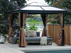 Full view of the 10x10 Venus Gazebo with privacy curtains partially drawn back, set on a deck beside a pool, overlooking a body of water and green landscape.