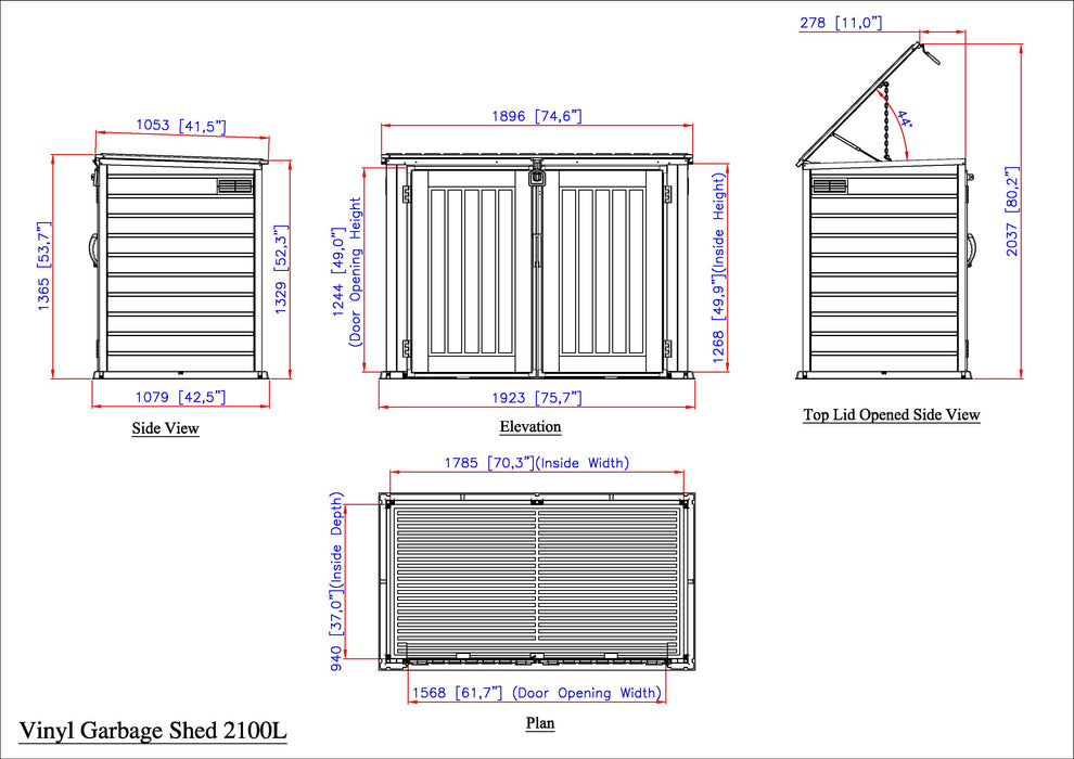 Duramax 2100L MultiStore Outdoor Storage Box technical drawing, showcasing dimensions and design specifications of the dual-door garbage shed with lift-up lid.